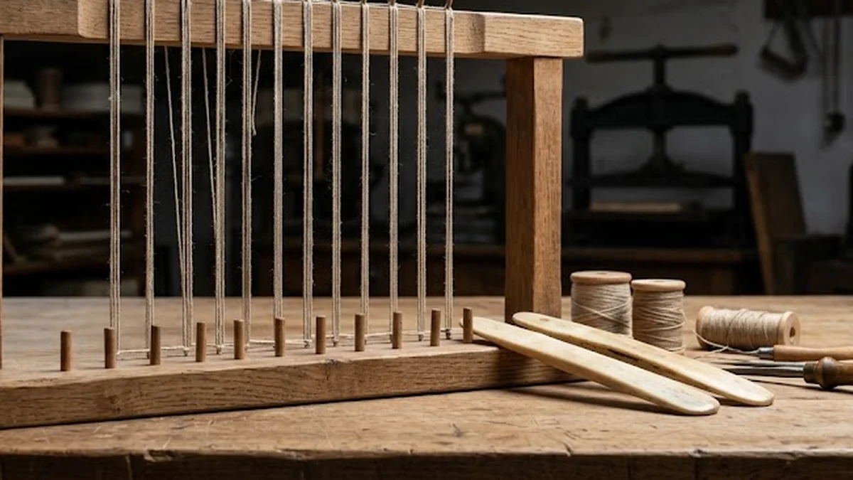 Métier à coudre de relieur avec fils de lin tendus sur un établi en bois