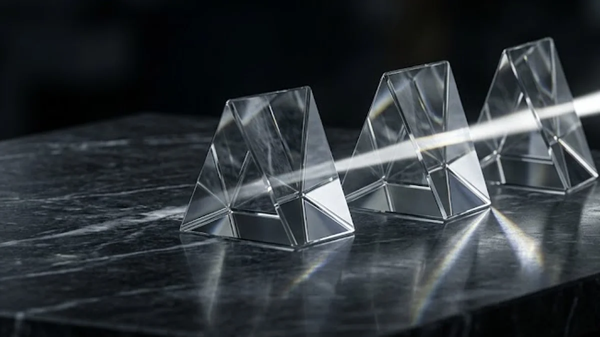 Trois prismes en verre optique alignés sur une table de marbre sombre