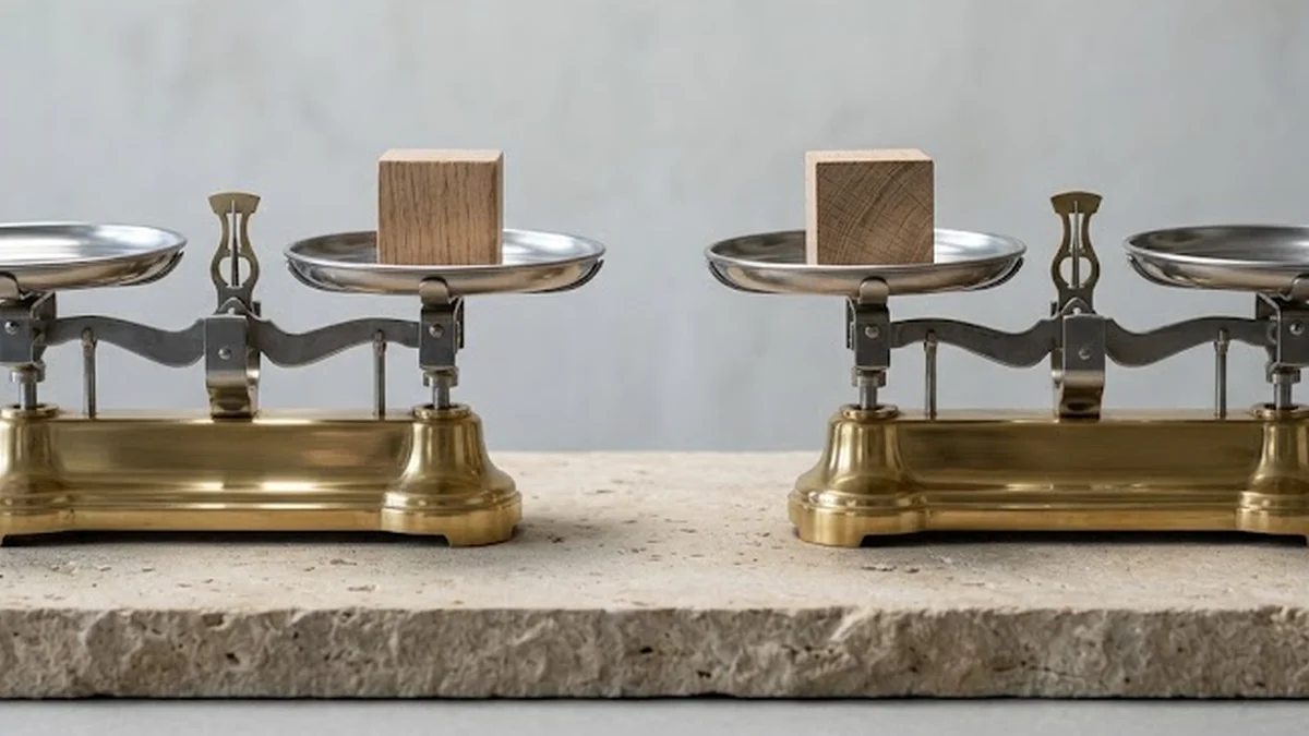 Deux balances en laiton poli face à face sur une dalle de pierre calcaire, chacune portant un cube de bois brut.