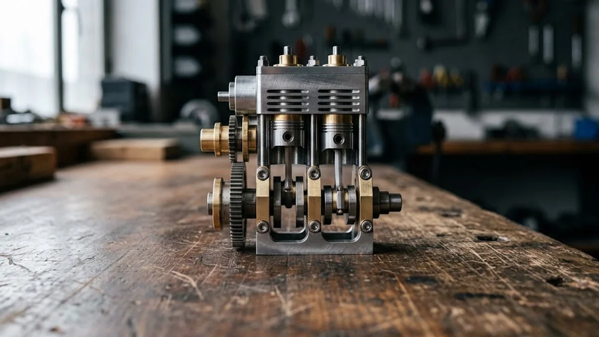 Moteur mécanique miniature en acier et laiton posé sur un établi en bois massif, sous une lumière d'atelier chaude.