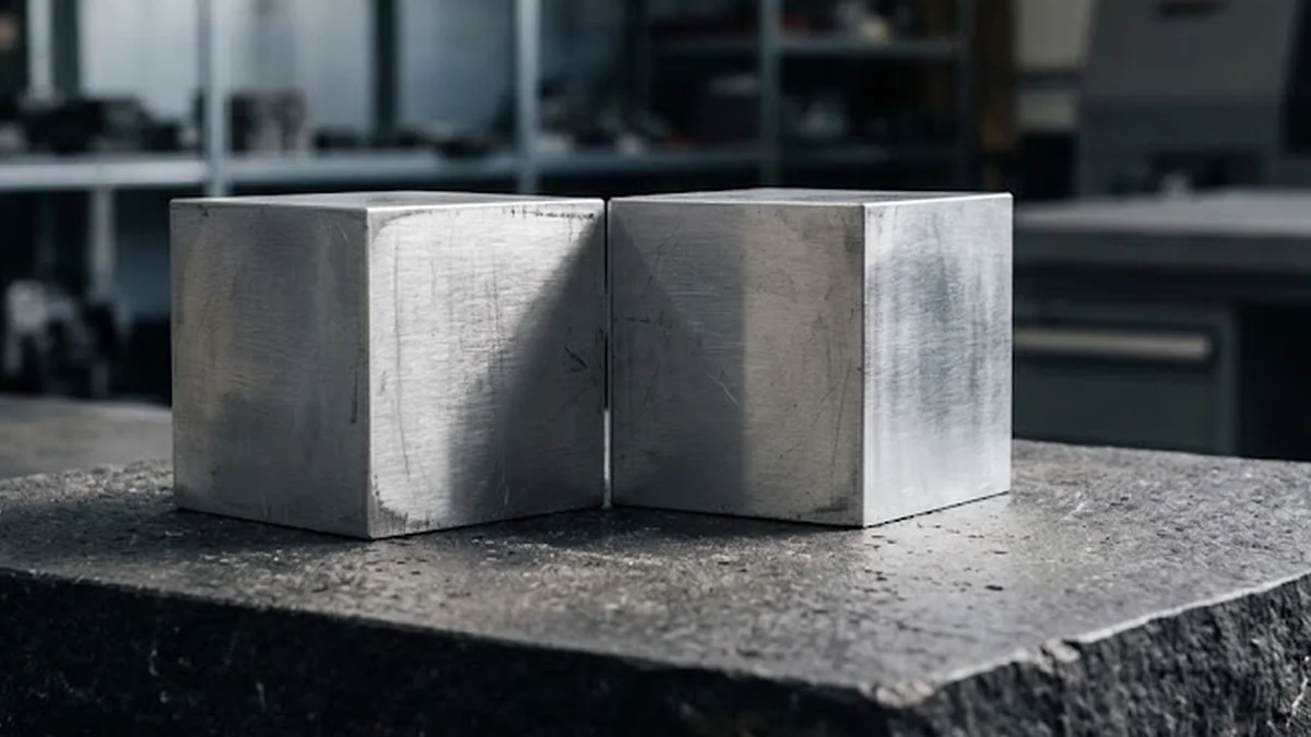 Deux cubes en aluminium brossé posés sur une dalle de basalte sombre sous un éclairage oblique.