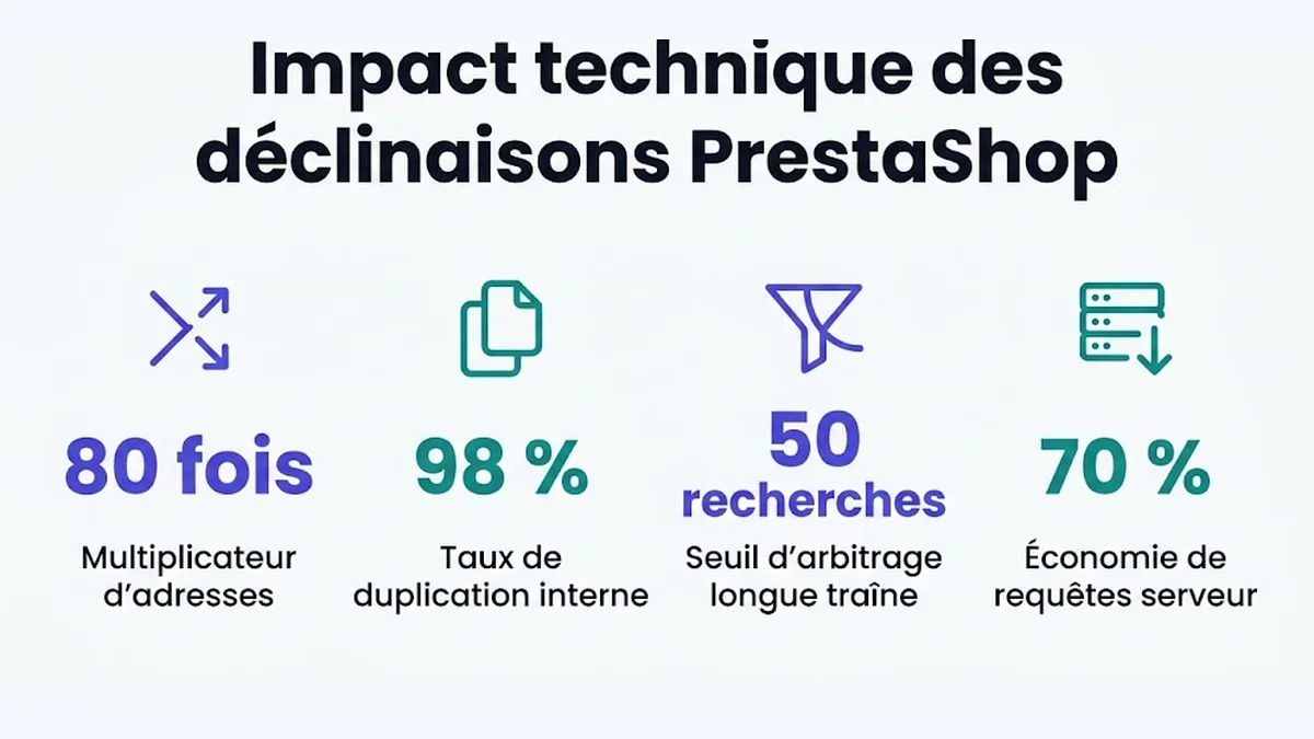 Impact technique des déclinaisons PrestaShop : Multiplicateur d'adresses, 80 fois ; Taux de duplication interne, 98 % ; Seuil d'arbitrage longue traîne, 50 recherches ; Économie de requêtes serveur, 70 %