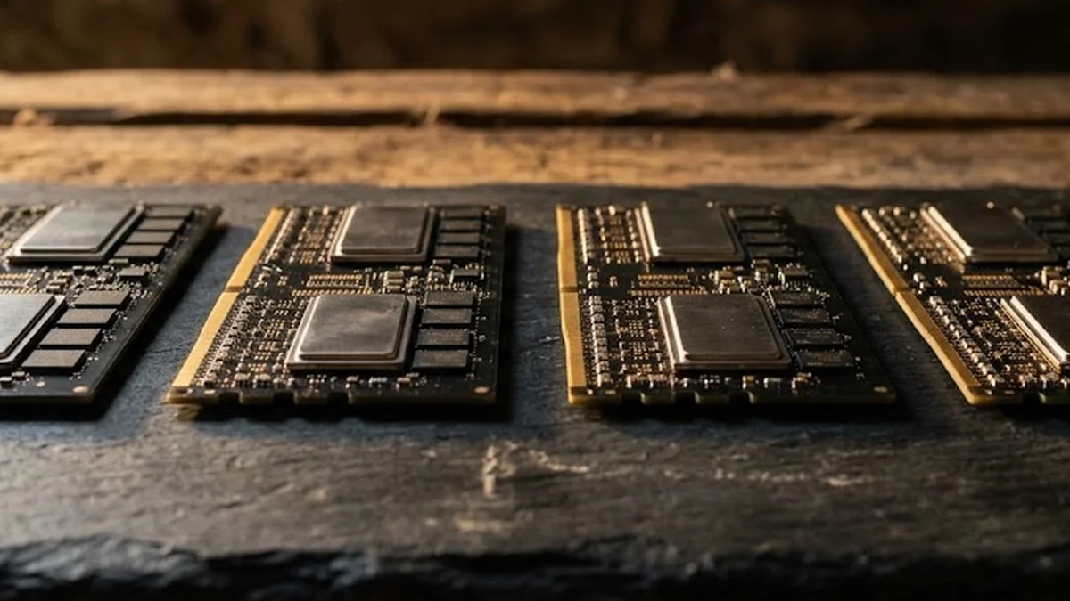 Barrettes de mémoire vive pour serveur alignées sur un support en ardoise noire naturelle.