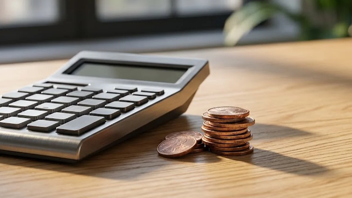 Calculatrice en métal et pile de pièces en cuivre sur un plateau en chêne clair, éclairées par une lumière latérale chaude.