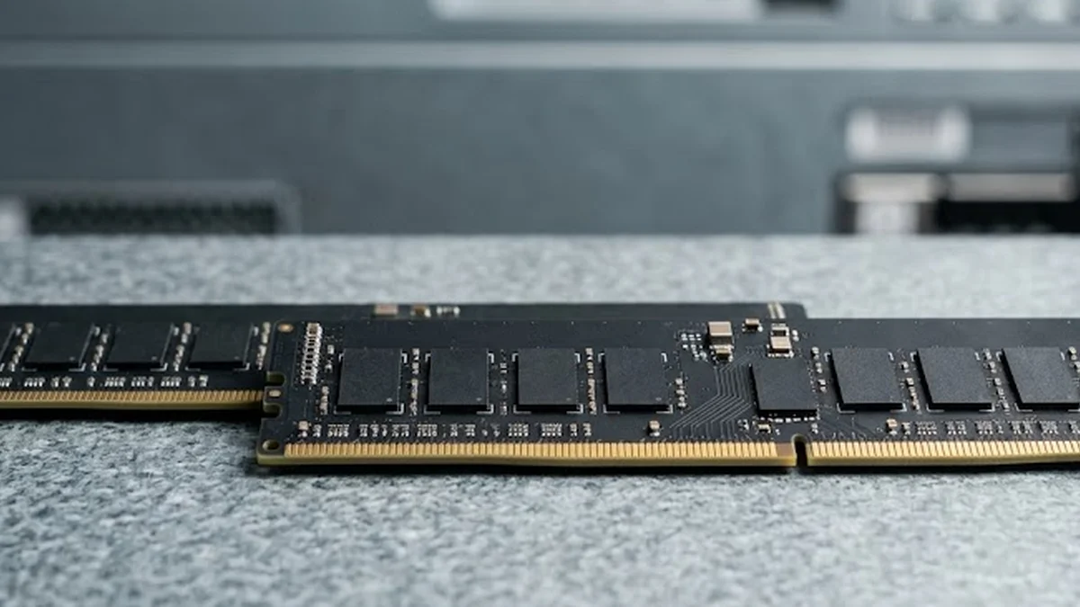 Barrettes de mémoire vive de serveur posées sur une plaque métallique industrielle