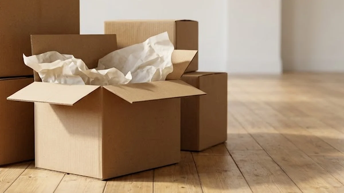 Cartons de déménagement en kraft empilés sur un parquet blond, l'un ouvert sur du papier de soie, dans une pièce vide.