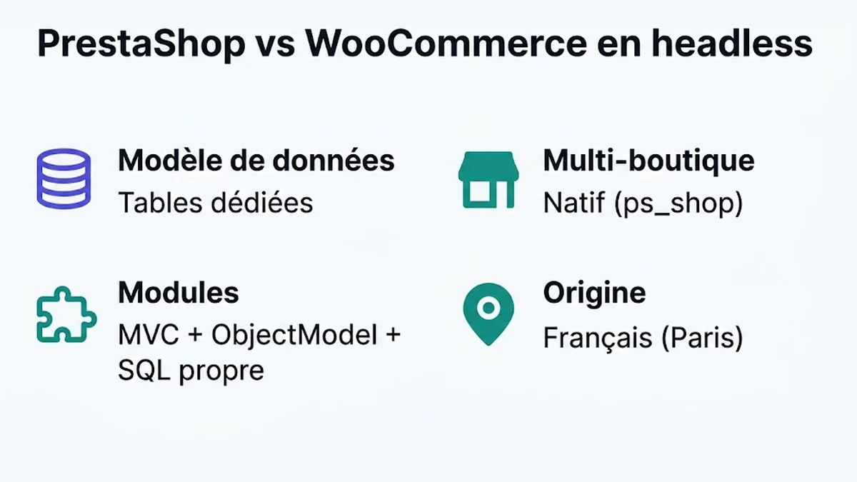 PrestaShop vs WooCommerce en headless : Modèle de données, Tables dédiées ; Multi-boutique, Natif (ps_shop) ; Modules, MVC + ObjectModel + SQL propre ; Origine, Français (Paris)