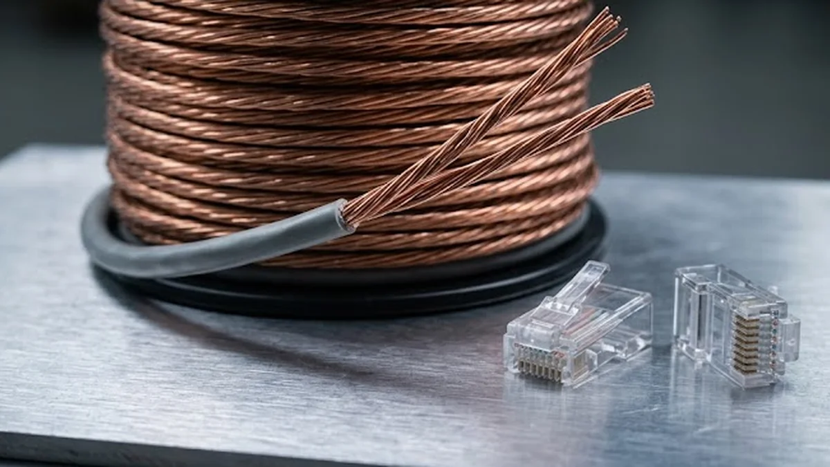 Connecteurs réseau et brins de cuivre sur un plateau d'aluminium illustrant le câblage de données et les flux techniques.