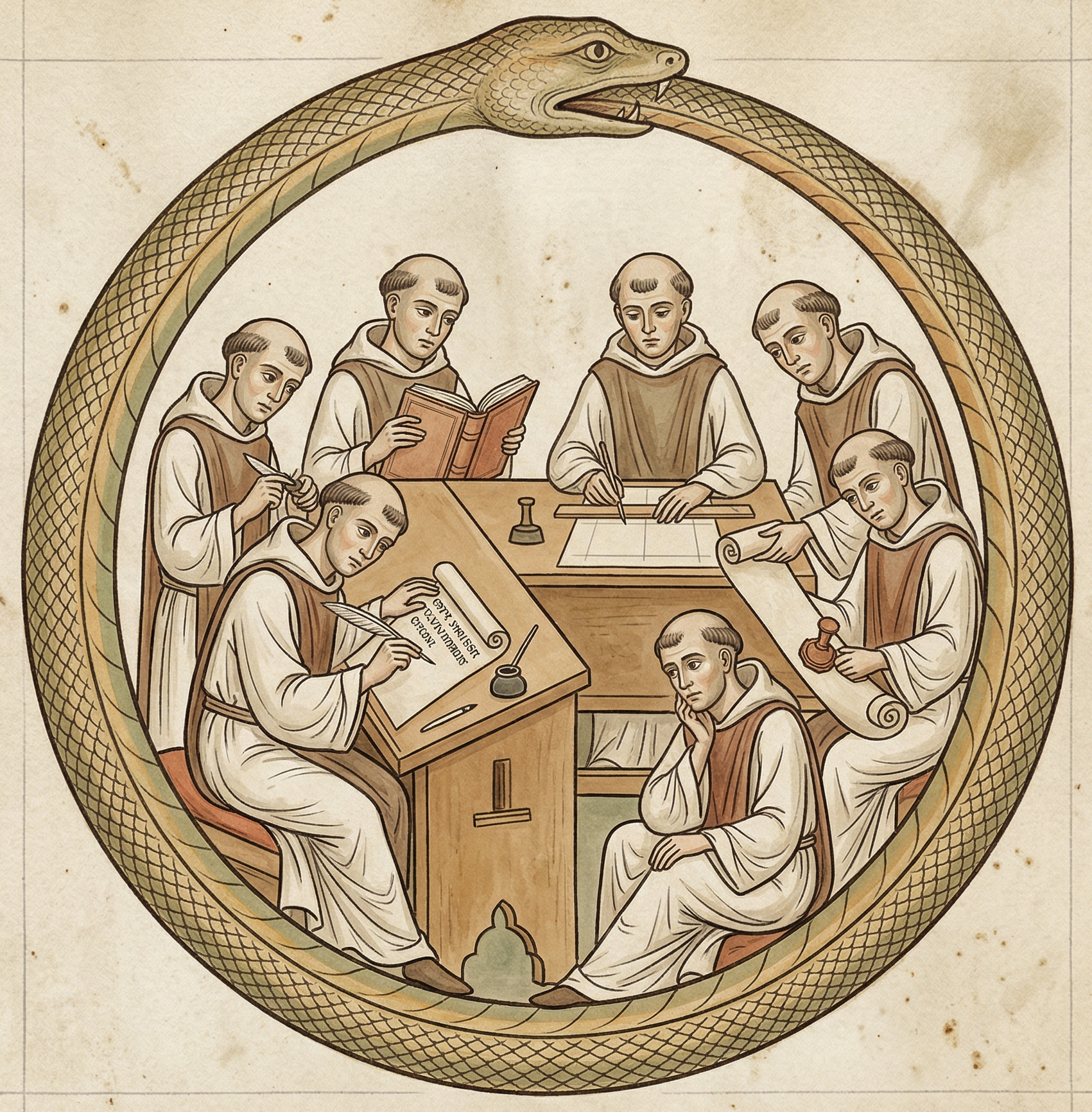 Initiale historiée O — sept moines cisterciens dans un Ouroboros, scriptorium, style Moralia in Job de Cîteaux (1111)