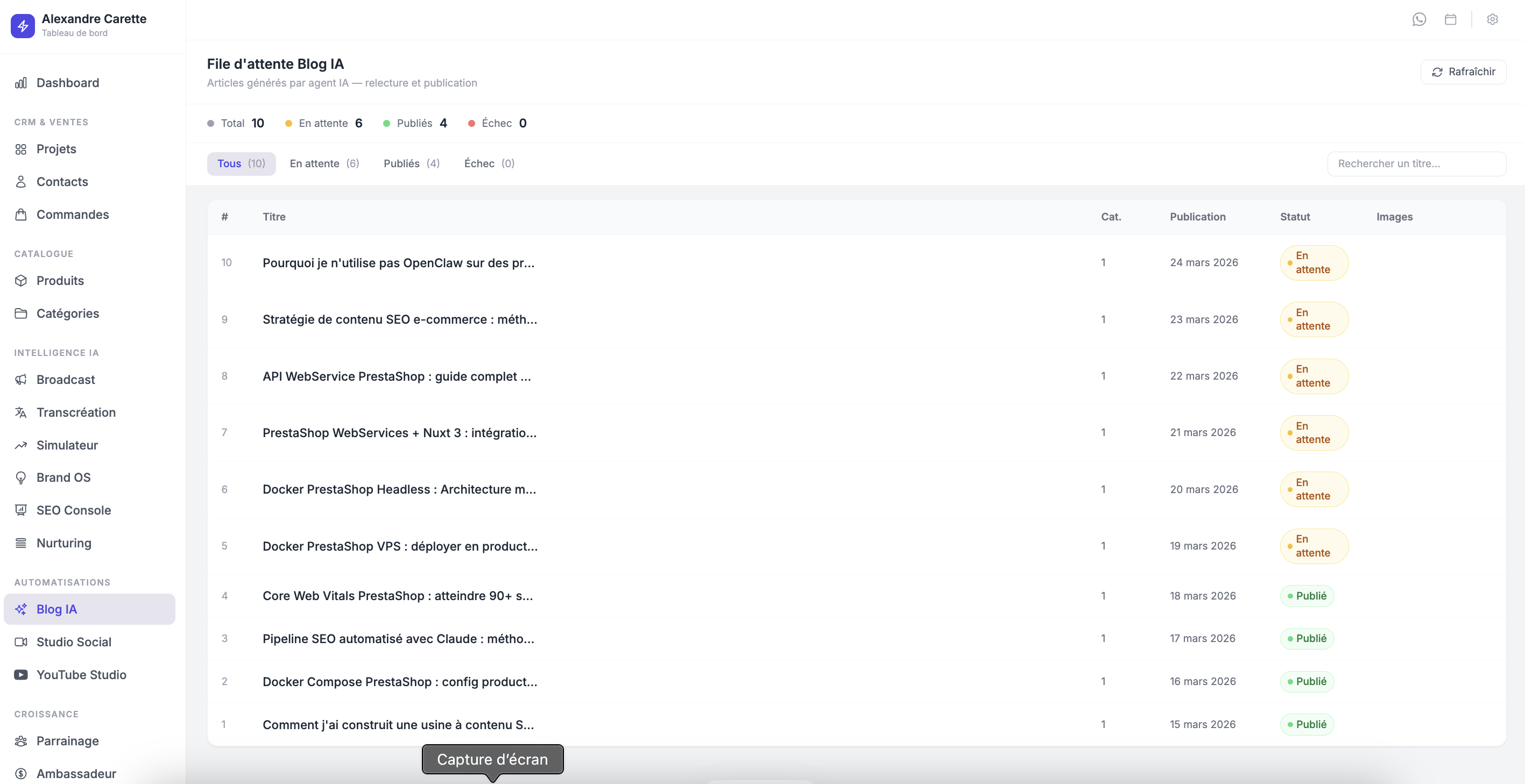 Dashboard Blog IA CodeMyShop — file d attente des articles SEO generés par Claude
